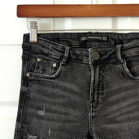 Zara Trafaluc Denimwear Classic Mid Rise Distressed Raw Hem Skinny Jeans Black 4 - Picture 10 of 14